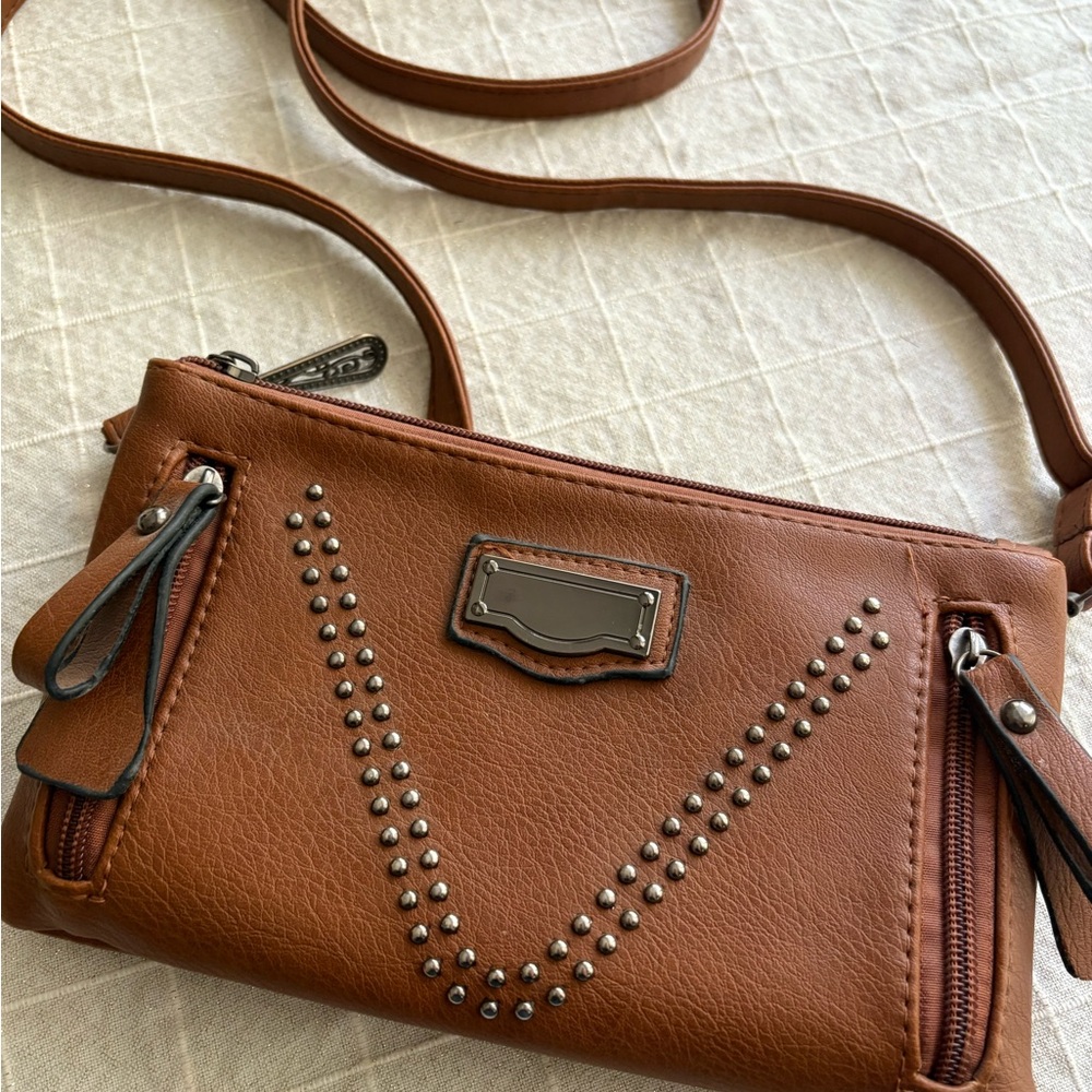Brown Studded Leather Crossbody Bag